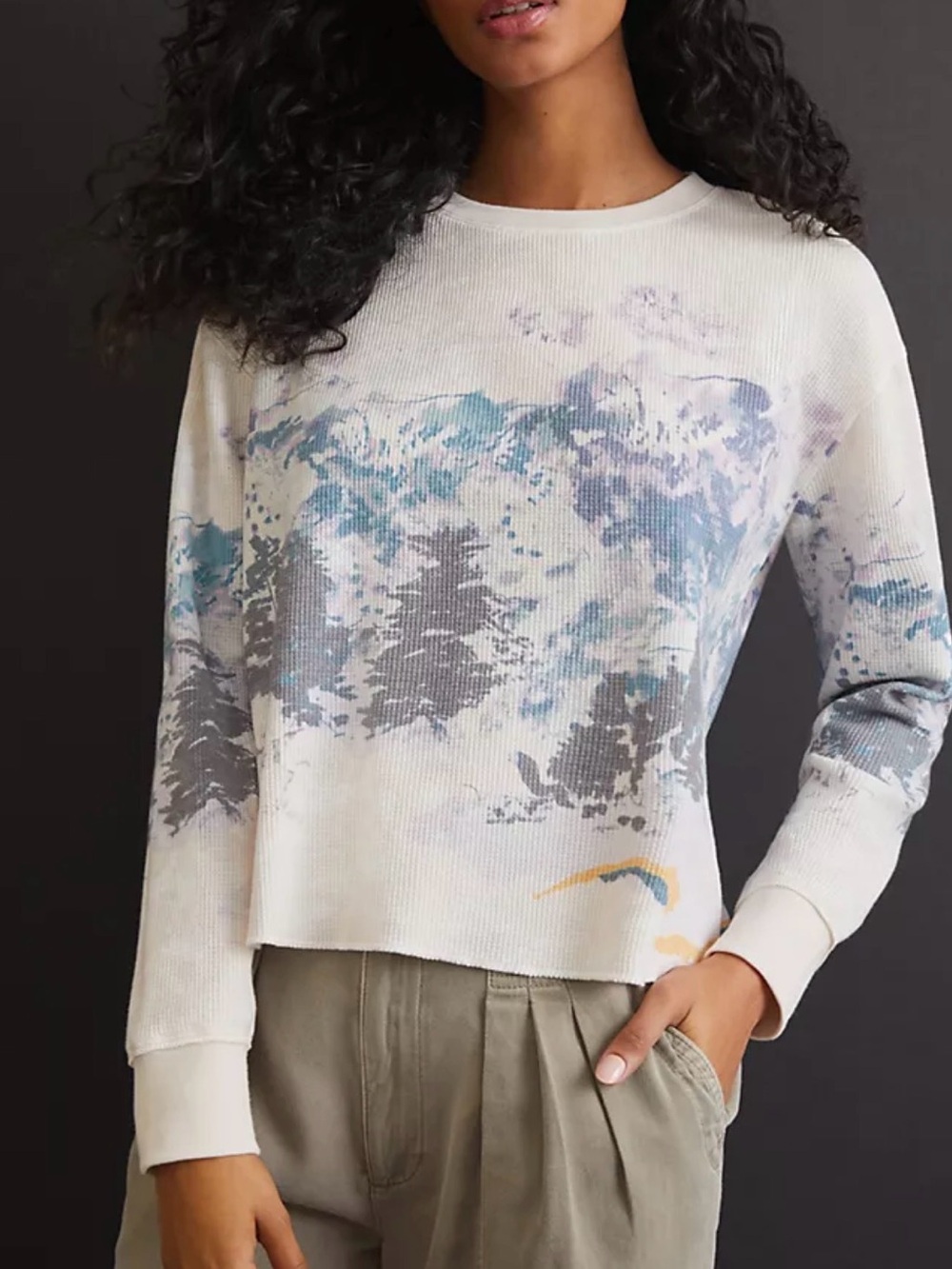 Anthropologie Snow Day Cropped Waffle Knit Top Winter Scene Small